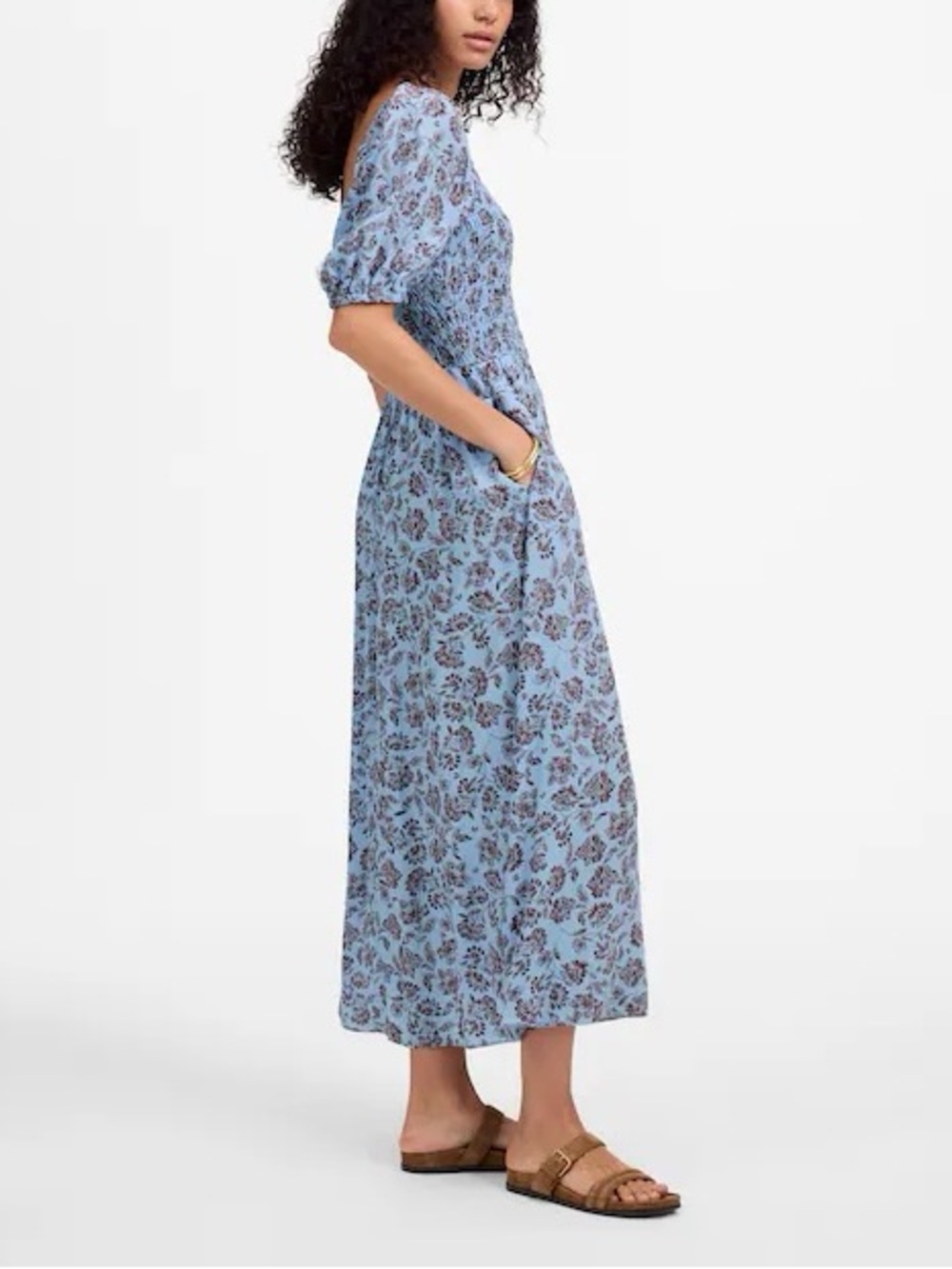 MADEWELL Smocked Puff-Sleeve Midi Dress Blue Brown Floral 6 - Picture 2 of 10